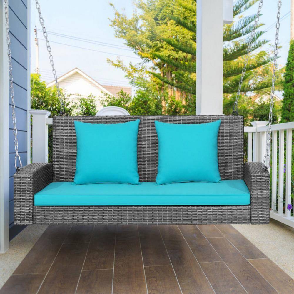 Turquoise Cushioned 2-Person Gray Wicker Patio Porch Swing