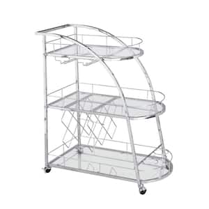 Silver 3-Tier Metal and Glass Rolling Bar Cart or Serving Cart with Glass Top