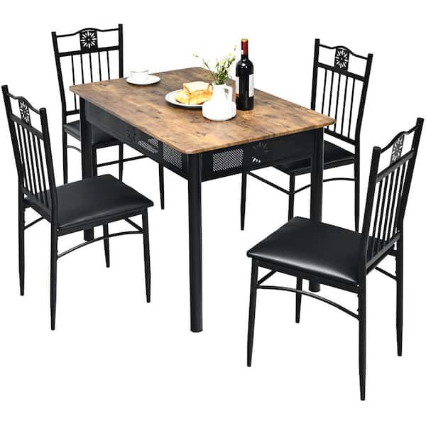 5 Piece Black Dining Set Metal Table, Metal Wood Dining Table Set