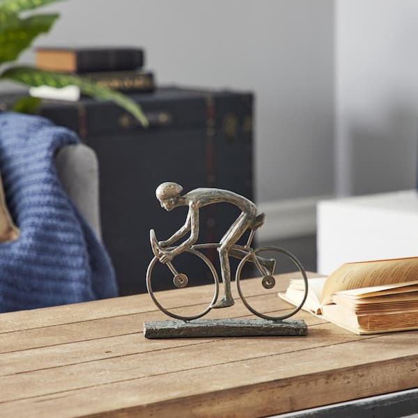 Litton Lane 3 in. x 8 in. Bronze Polystone People Sculpture with Bike