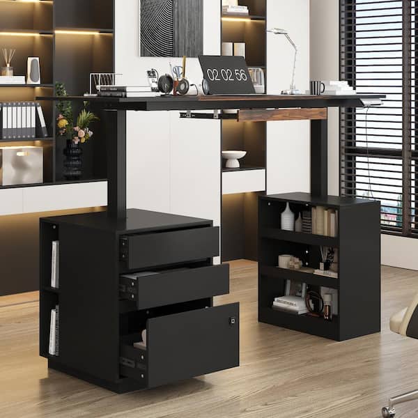 FUFU&GAGA 63 in. W U-Shaped Black Adjustable Height Desk Ergonomic