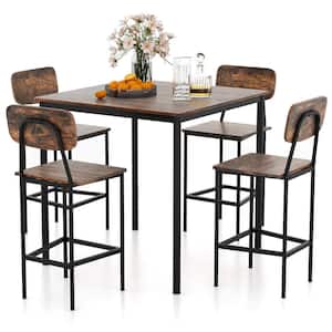 5-Piece Square Brown Wood Industrial Dining Table Set with Counter Height Table and 4 Bar Stools Black