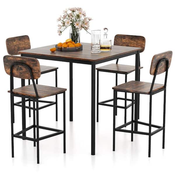 Costway 5-Piece Square Brown Wood Industrial Dining Table Set with Counter Height Table and 4 Bar Stools Black