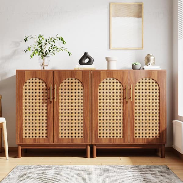 TRIBESIGNS WAY TO ORIGIN Alan Brown Wood 59 in. Sideboard Buffet Cabinet with Rattan 4-Doors, Accent Storage Cabinet for Dining Table Room