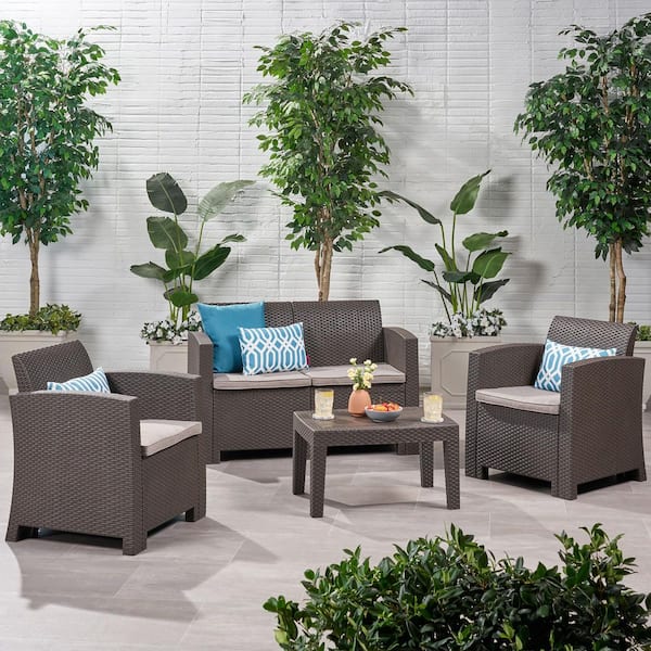 Coporesell Brown 4-Piece Wicker Patio Conversation Set with Beige Cushions