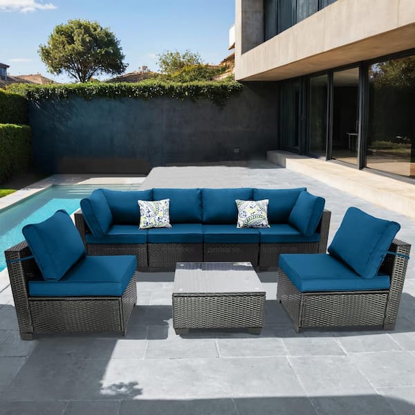 Unbranded 7-Piece Black Wicker Patio Outdoor Sofa Loveseat Conversation Seating Set with Peacock Blue Cushions