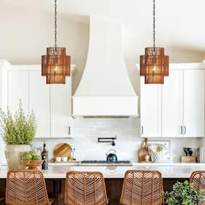 Rhett 11 in. 1-Light Tiered Rattan Drum Pendant Light with Black Canopy