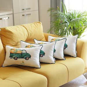 Fall Season Decorative Throw Pillow Pumpkin Truck 12 in. x 20 in. White & Green Lumbar Thanksgiving for Couch Set of 4