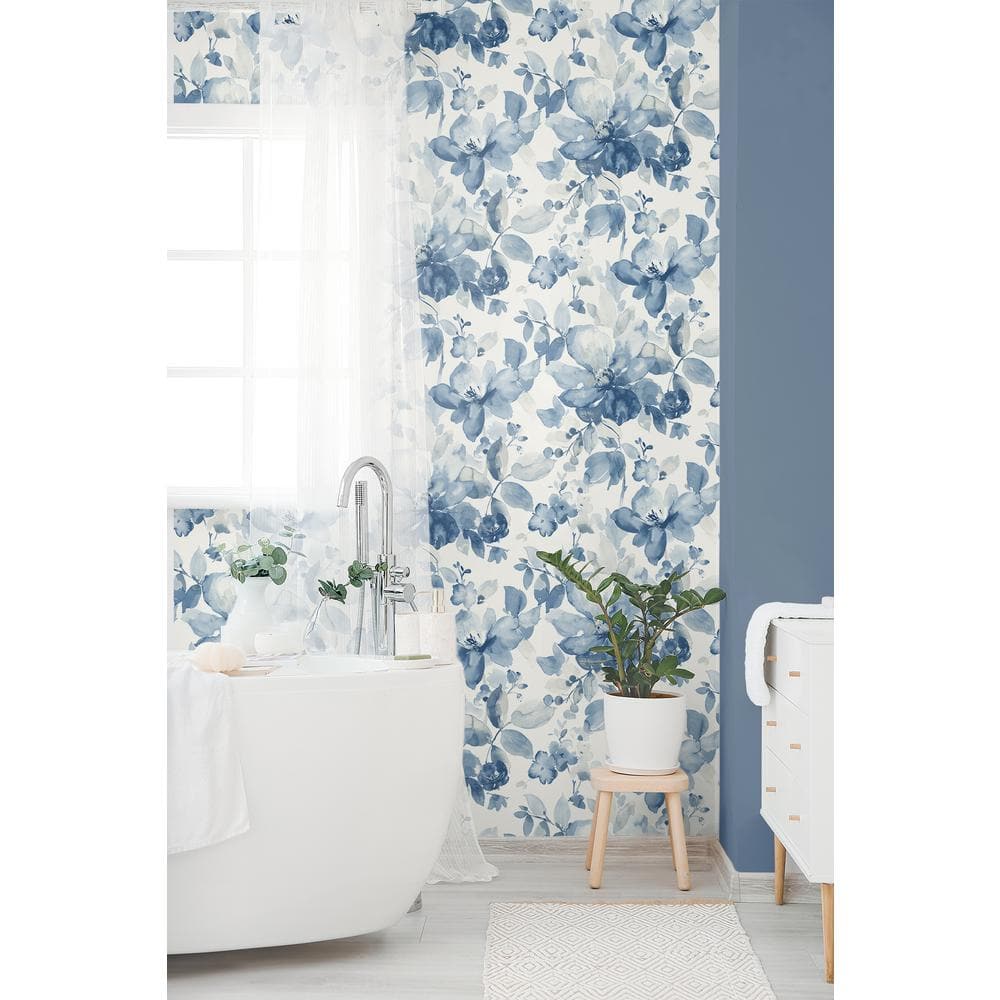 Bluestone Watercolor Garden Floral Pre-pasted Matte Wallpaper Roll