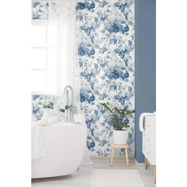 56 Sq. Ft. Bluestone Watercolor Garden Pre-Pasted Paper Wallpaper Roll