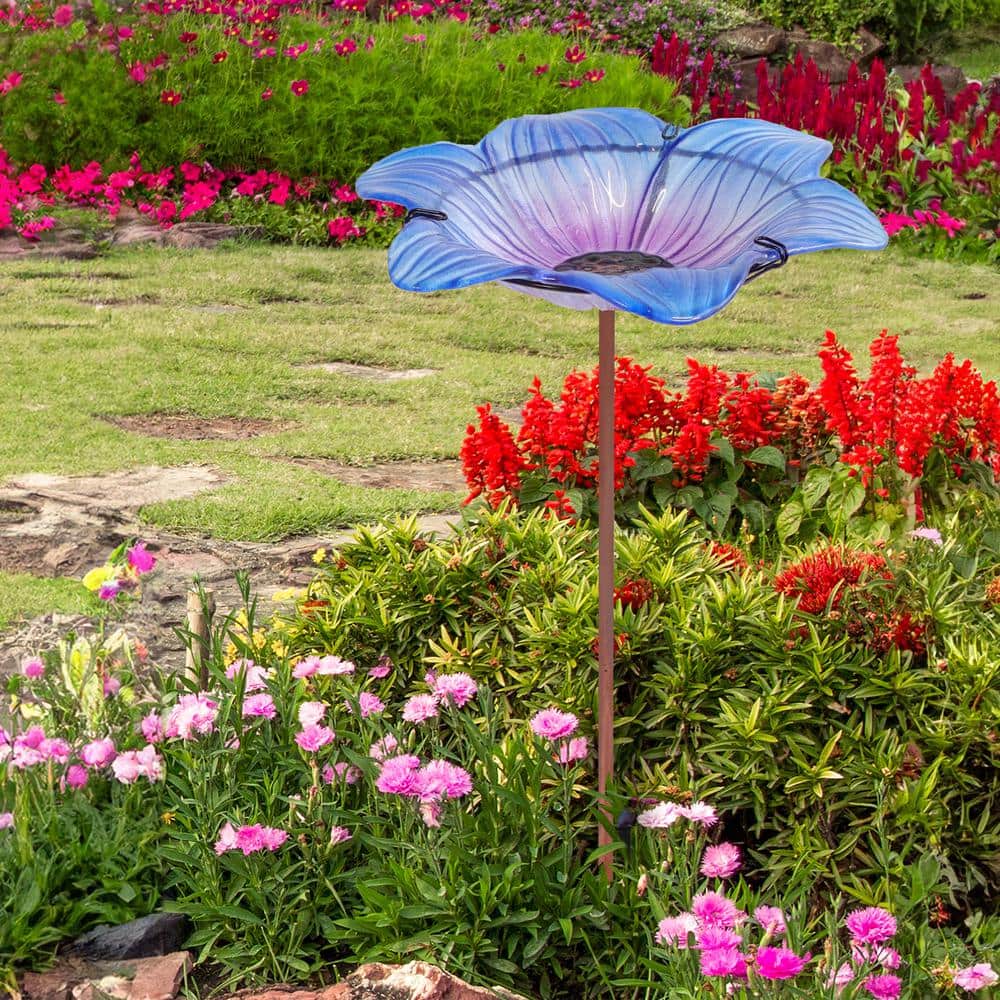 Blue Glass Flower Bird Bath with Copper Stake and Black Clamp