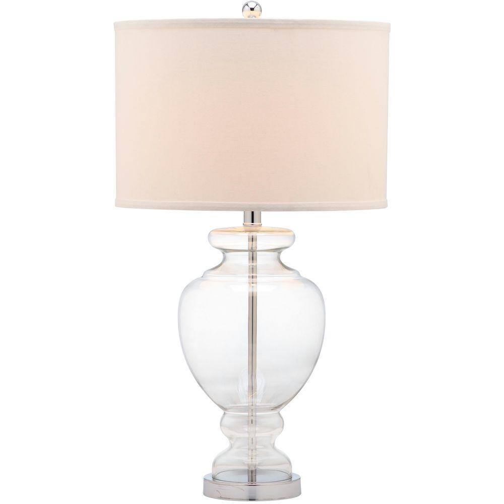 Clear Glass Table Lamp Set with Silver Fittings and Off-White Shade