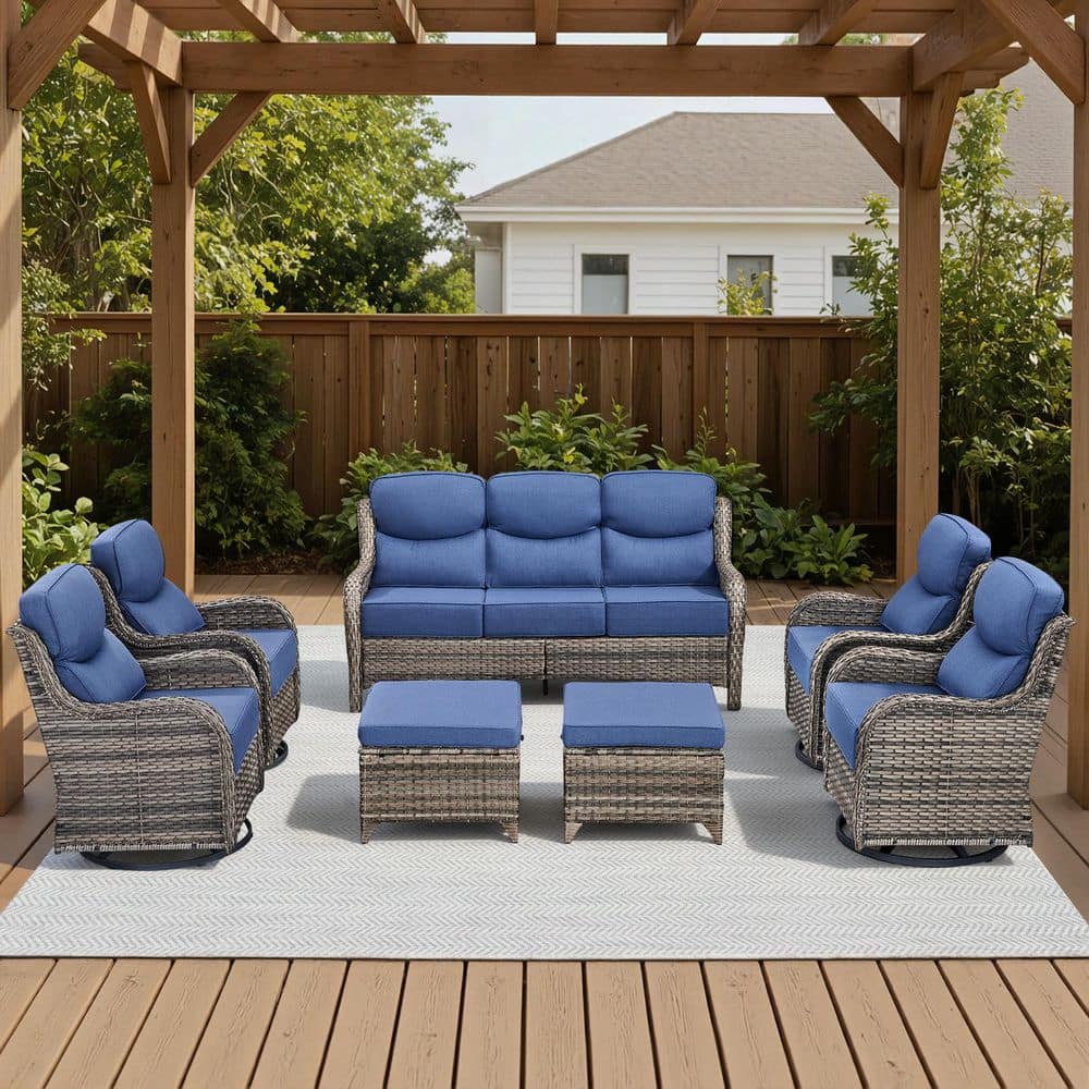 Arcadia Gray 7-Piece Wicker Patio Conversation Set with Swivel Gliders and 6-Inch Thick Olefin Navy Blue Cushions price history on PriceWatchPro