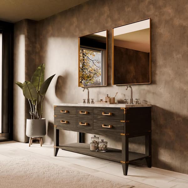 Irvington 60 in W x 22 in D Black Oak Double Bath Vanity, Carrara Marble Top, and 28 in Mirrors