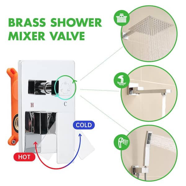 2-Spray Patterns Square 10 in. Dual Shower Heads Wall Mounted and Handheld Shower Head with Down Sprayer in Chrome