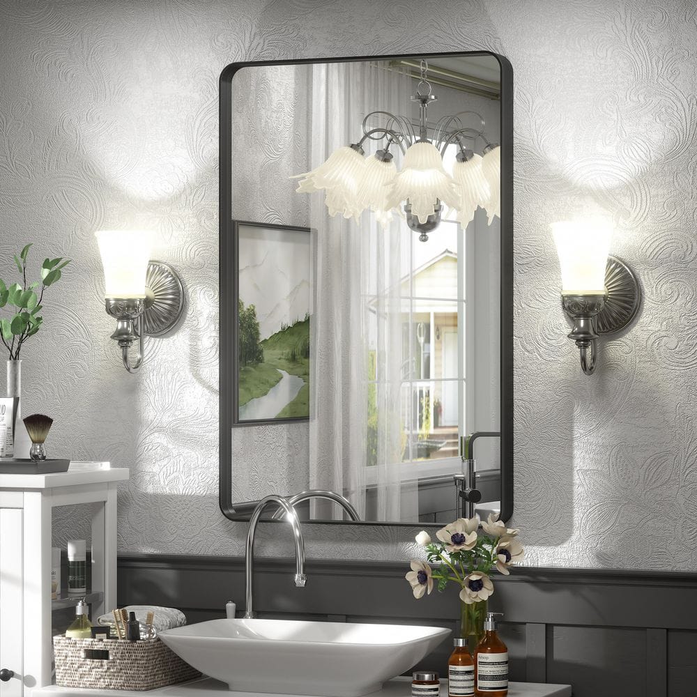 20 in. W x 30 in. H Rectangular Aluminum Alloy Framed and Tempered Glass Wall Bathroom Vanity Mirror in Matte Black price history on PriceWatchPro