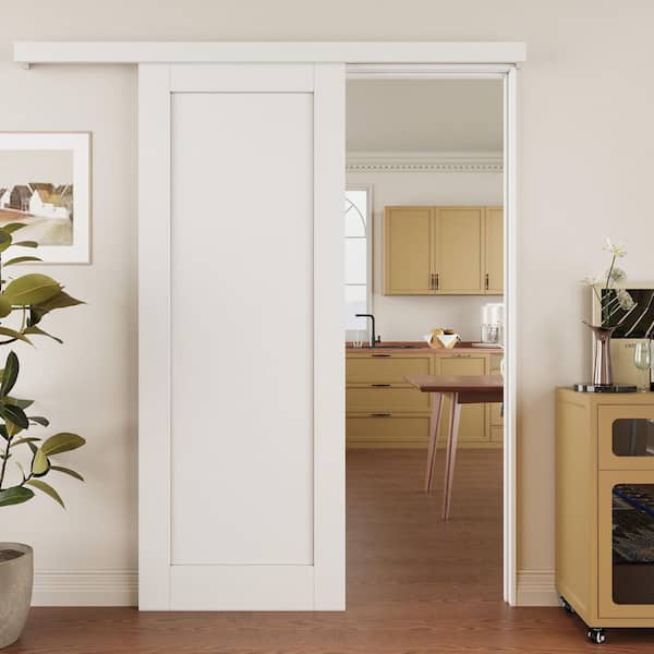 ARK DESIGN 30 in. x 84 in. Hidden Track Style Paneled 1-Lite White Primed MDF Sliding Barn Door with Hardware Kit