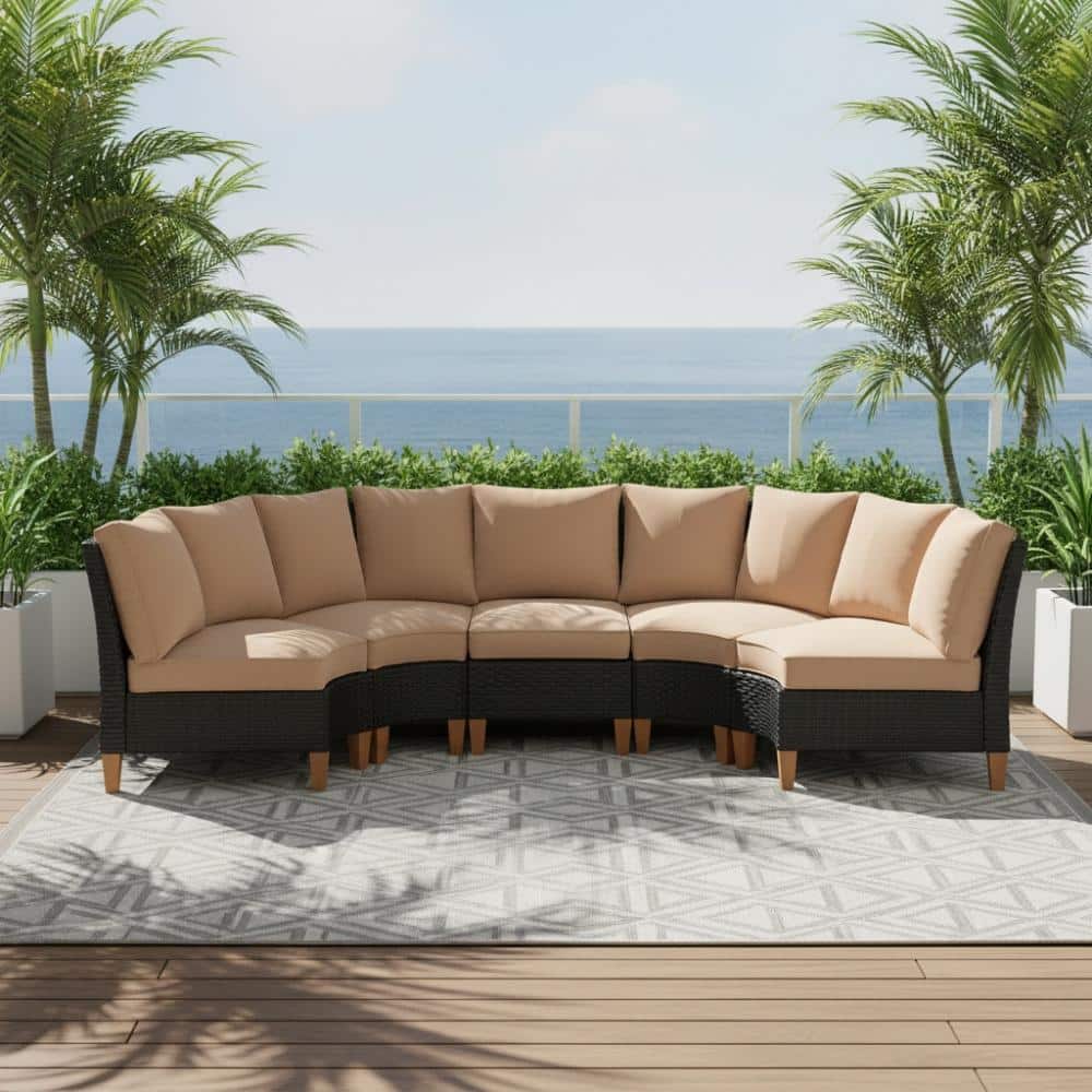 5-Piece Gray Wicker Outdoor Sectional Set with Khaki Cushions for Backyard, Patio price history on PriceWatchPro