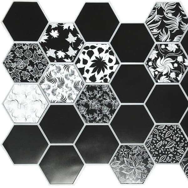 Dundee Deco 3D Falkirk Retro 1/100 in. x 38 in. x 19 in. Black and White Hexagon Floral Mosaic PVC Decorative Wall Paneling (5-Pack)