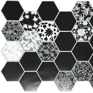 3D Falkirk Retro 10/1000 in. x 38 in. x 19 in. Black and White Hexagon Floral Mosaic PVC Wall Panel