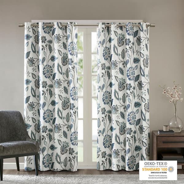Madison Park Laurel Aqua Floral Polyester 50 in. W x 95 in. L Room Darkening Curtain