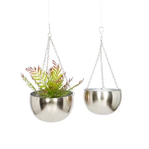6in. Small Silver Metal Indoor Outdoor Hanging Dome Wall Planter with Chain (2- Pack)