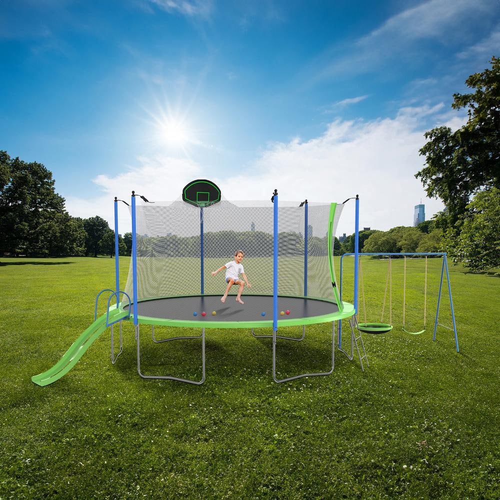 12FT Green Outdoor Trampoline with Slide, Swings, and Basketball Hoop