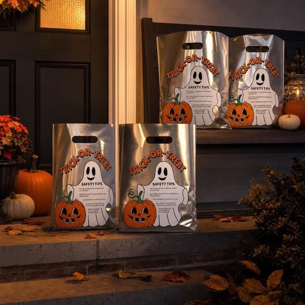 Halloween Party Supply, Multi-Colored Reusable Goodie Grocery Bag, Set of 100, Reflective PE Plastic Trick or Treat Bags
