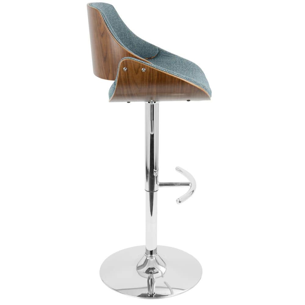 Contemporary Walnut & Blue Swivel Adjustable Barstool