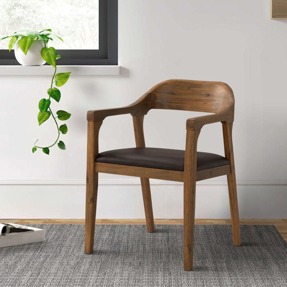 Sleek Brown Faux Leather Upholstered Arm Chair with Curved Back