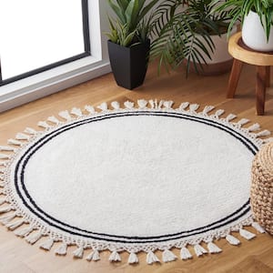 Easy Care Ivory 4 ft. x 4 ft. Machine Washable Border Solid Color Round Area Rug
