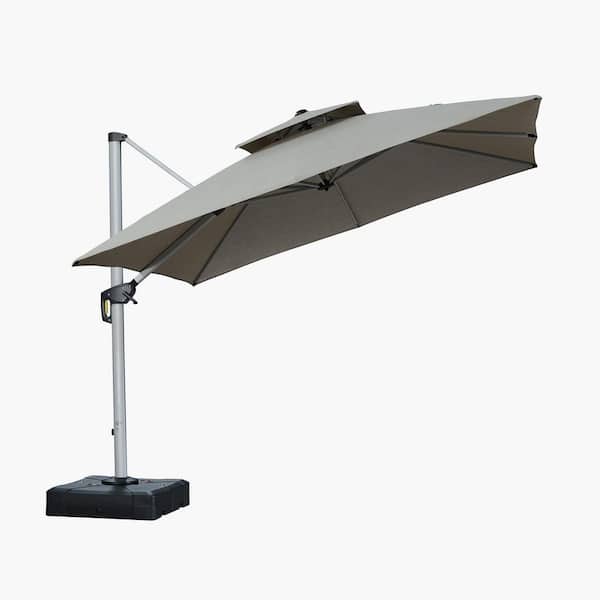 10 ft. Square Sunbrella Aluminum 360° Rotation Silvery Cantilever Outdoor Patio Umbrella with Base in Taupe