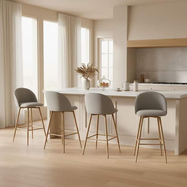Haseeb 26 in. Modern Swivel Upholstered Counter Height Bar Stool with Curved Back Pebble Grey Fabric/Oak Legs (Set of 4)