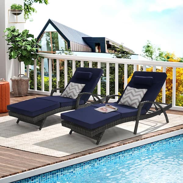 Wicker Outdoor Reclining Loveseat Chair Sunbathing Chairs with Dark Blue Cushions (Set of 2)