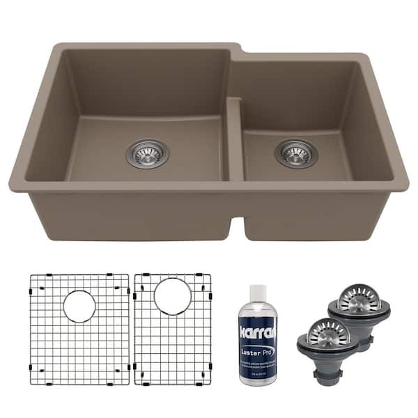 Karran QU-811 Quartz/Granite 32 in. Double Bowl 60/40 Undermount Kitchen Sink in Concrete with Bottom Grid and Strainer