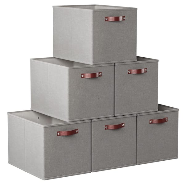 Ornavo Home Foldable Kallax Storage Box Bins Linen Shelf Basket Cube with Leather Handles - 13 in. x 15 in. x 13 in. 6-Pack