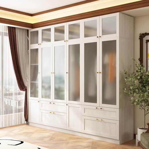 Light Oak Wood 94.5 in. Bedroom Wardrobe with Frosted Glass Doors, Hanging Rod, and Multiple Storage Drawers