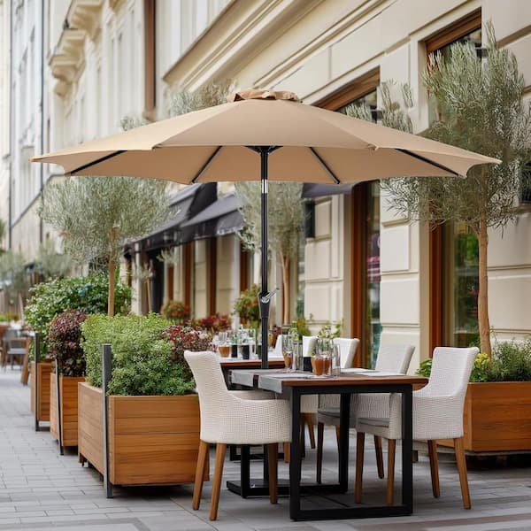9 ft steel crank and tilt patio umbrella in cafe Yangming 9 ft. Steel Push Button Tilt and Crank Patio Umbrella Waterproof Market  Umbrella with 8-Sturdy Ribs for Garden in Khaki YMPE-4079742