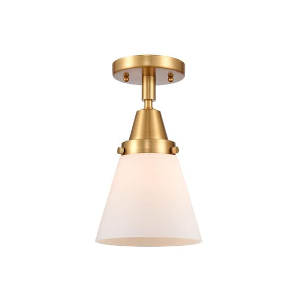 Cone 6.25 in. 1-Light Satin Gold Industrial Flush Mount with Seeded Glass Shade