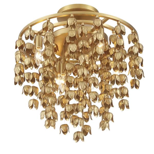 Ashgrove 21 in. 6-Light Legacy Brass Decorative Semi-Flush Mount with Handcrafted Flower Petal Shades, No Bulbs Included