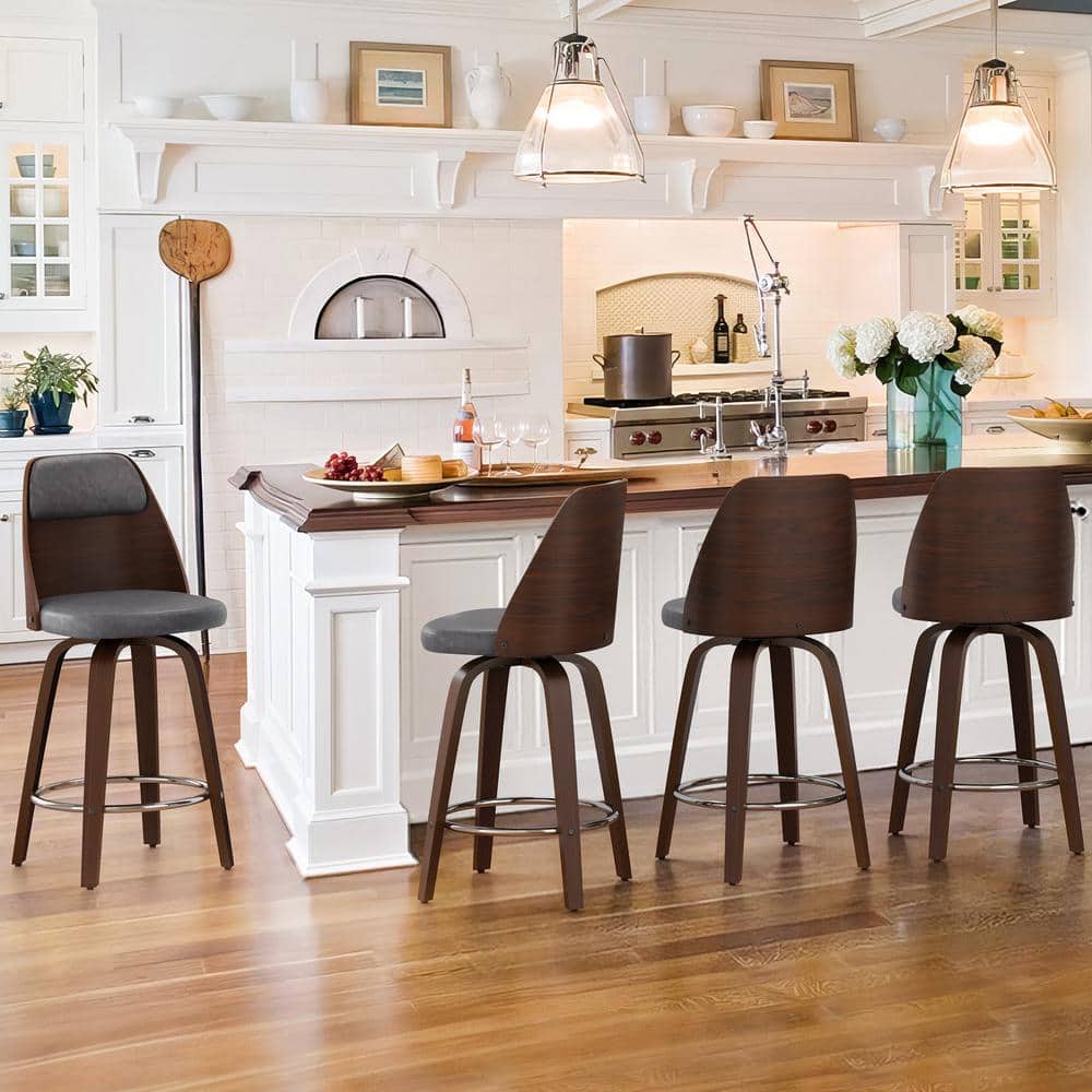 Edward 26 in. Gray Faux Leather Swivel Bar Stool Solid Wood Walnut Frame Co