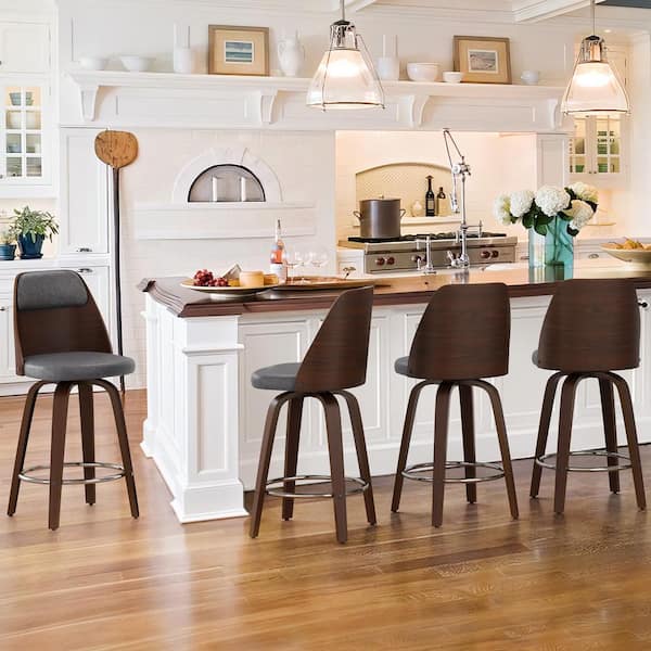 Unbranded Edward 26 in. Gray Faux Leather Swivel Bar Stool Solid Wood Walnut Frame Counter Height Bar Stool (Set of 4)