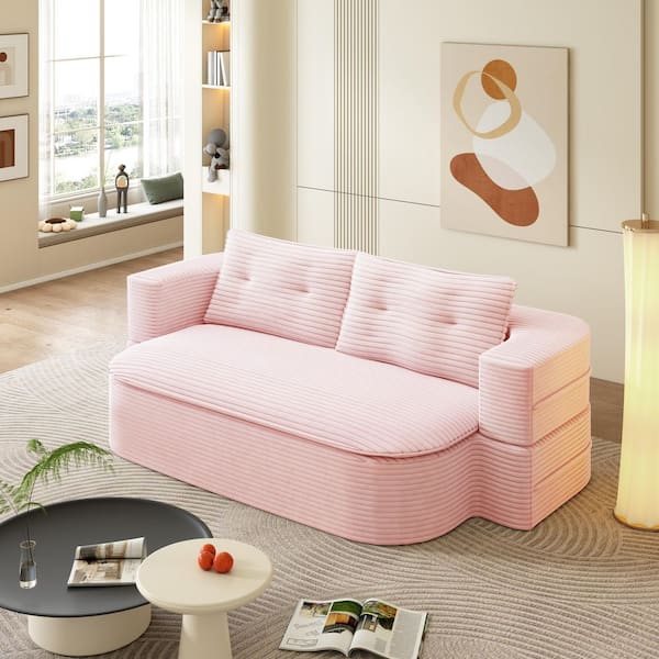 Candice Full Convertible Sofa Bed 78.7 in. Square Arm Corduroy Rectangle Sofa in Baby Pink with Pillows, Full Foam