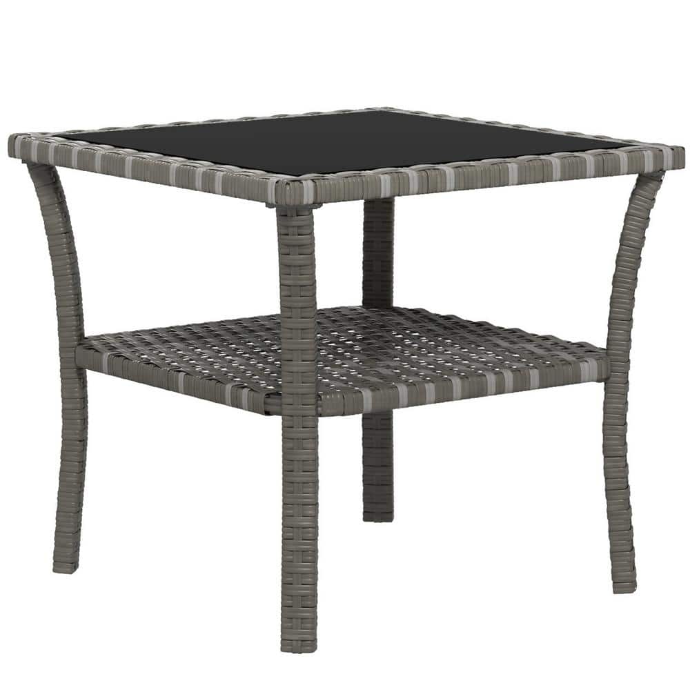 Mixed Gray Aluminum Outdoor Side Table, Patio Rattan Coffee Table with Stor