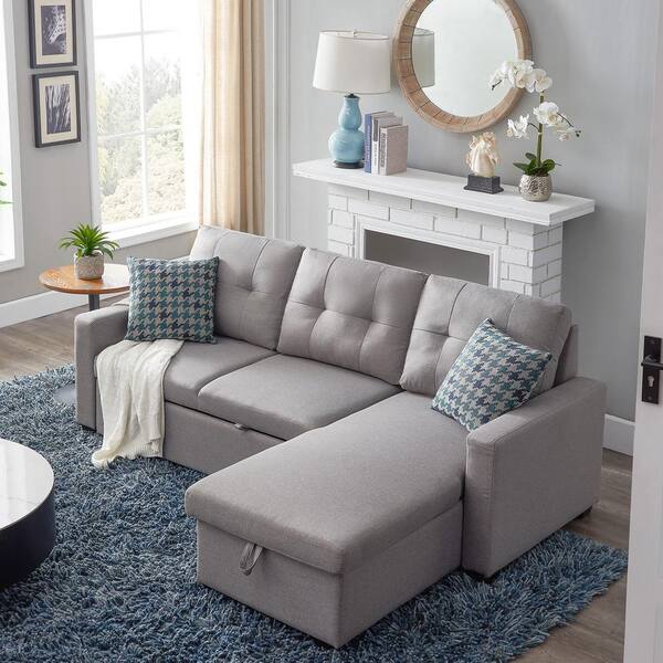 Boyel Living 82 In Pure Gray Polyester, Rasa Tufted Grey Sectional Sofa Bed Sleeper With Storage Chaise