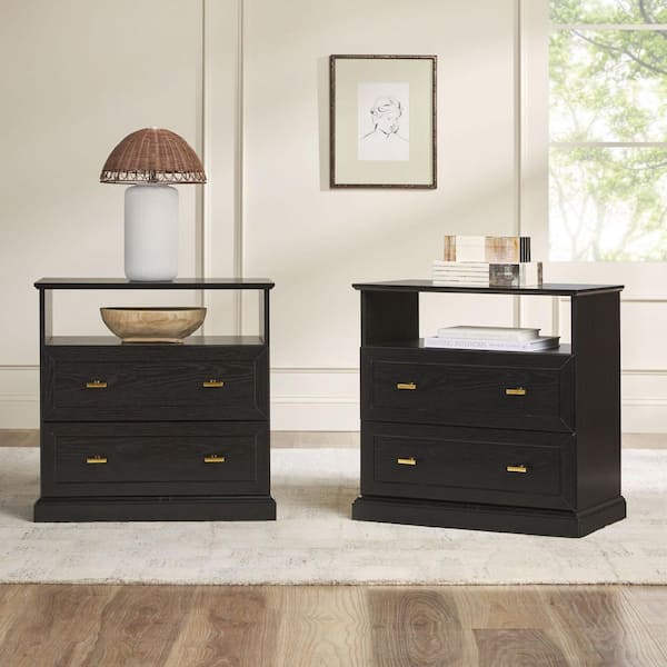 Clyde Black Modern Farmhouse 2 Drawer 26 in. W Nightstand (Set of 2)
