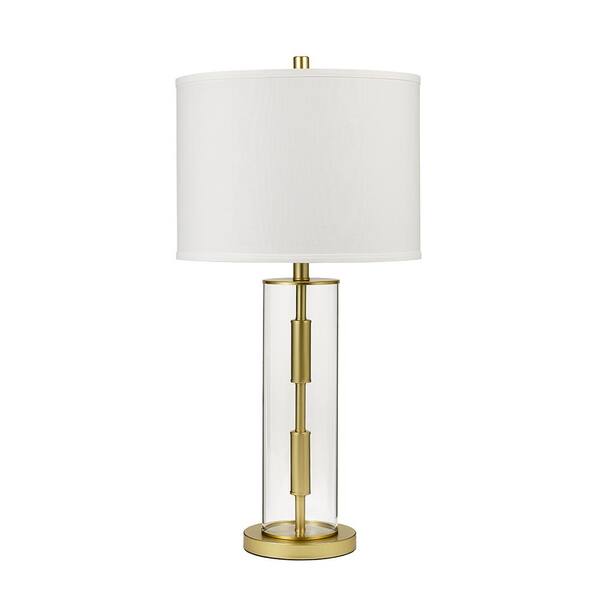 Cresswell 30 in. Clear Glass and Brass Contemporary Cylinder Table Lamp