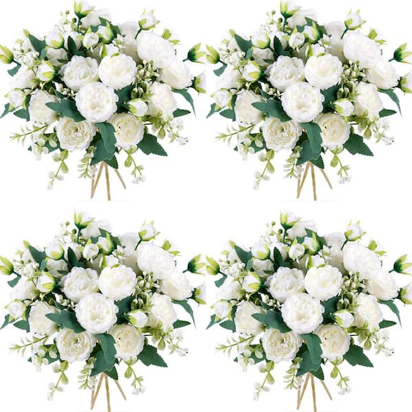 10.71 in. in White Indoor/Outdoor Artificial Peony Flower for Wedding Party Table Centerpieces Floral Arrangement 4-Pack