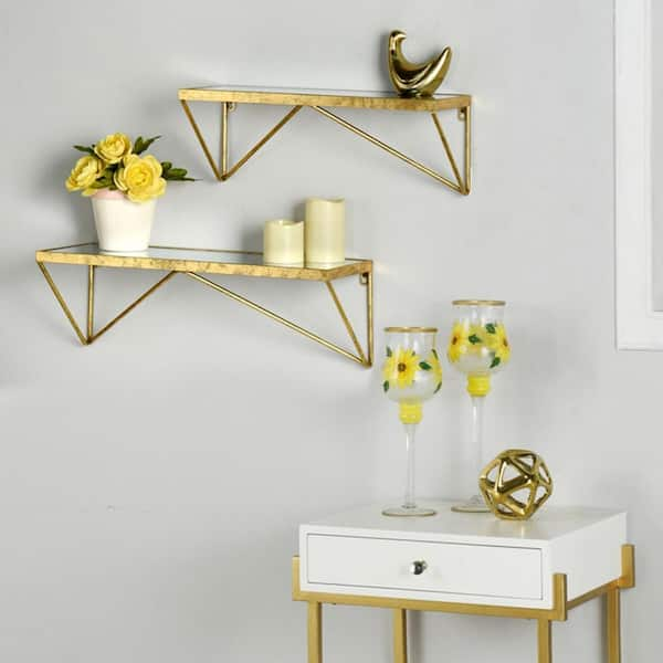 Floating Shelves for Wall | Wall Shelves with Yellow Golden Metal Brackets | Black | White | Shelves Set of 3 | Shelves for selling Bedroom