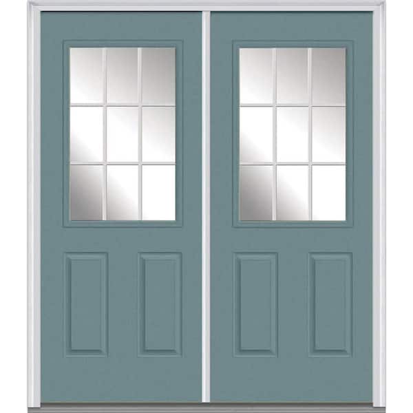 MMI Door 60 in. x 80 in. White Internal Grilles Left-Hand Inswing 1/2-Lite Clear Painted Fiberglass Smooth Prehung Front Door